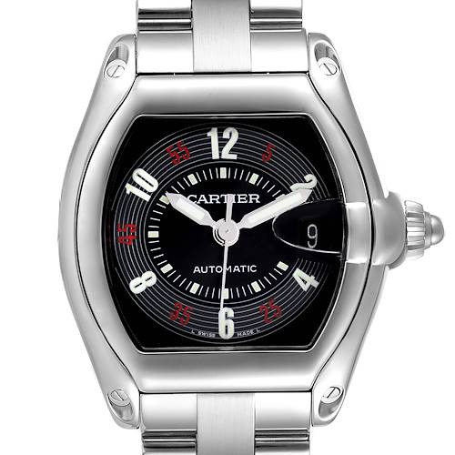 The image shows a frontal view of the Cartier Roadster W62002V3 Men's Stainless Steel Black Dial W62002V3 Men's Stainless Steel Black Dial model watch, highlighting its face, bezel, and part of the bracelet.
