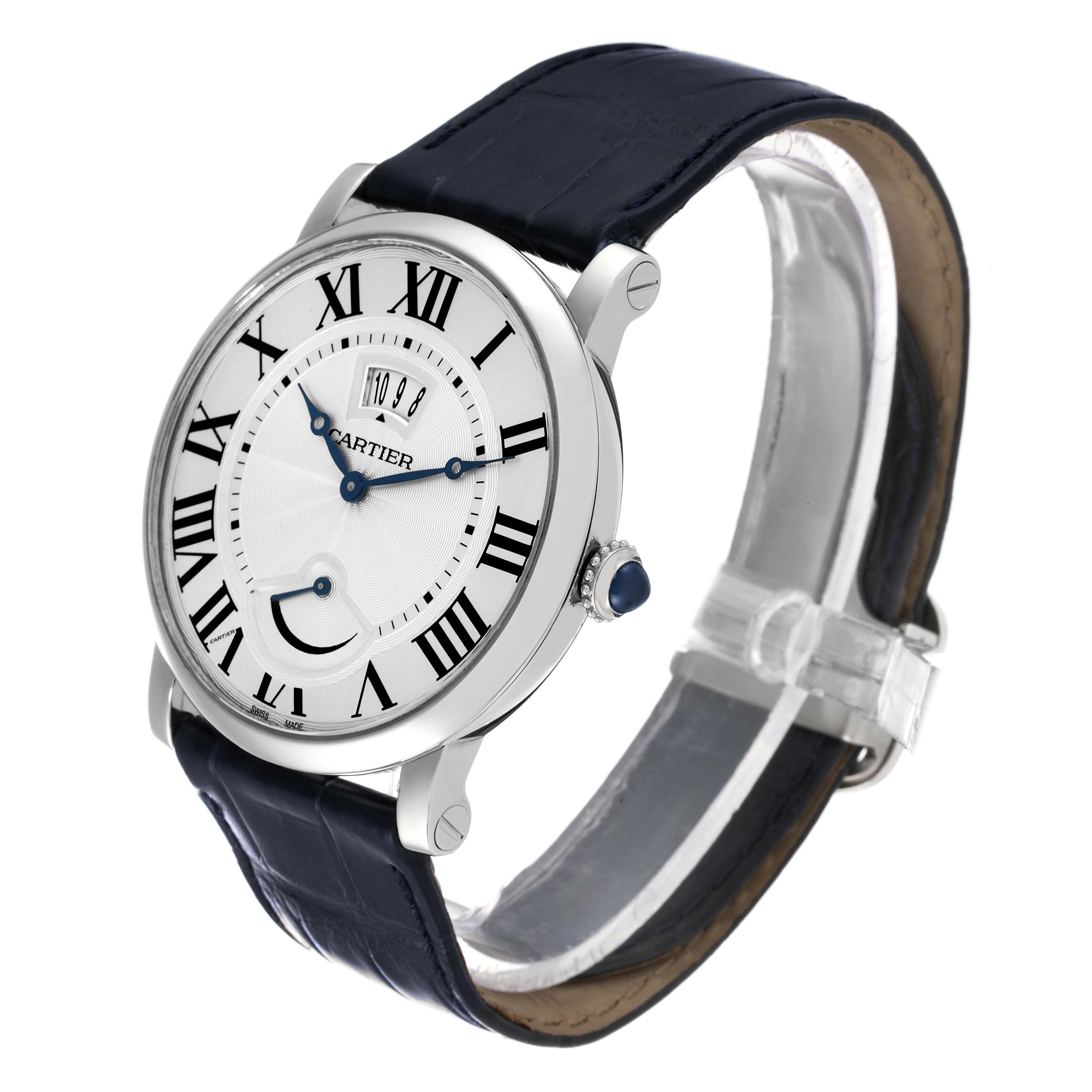 The image shows a side and angled view of the Cartier Rotonde W1556369 Men's Stainless Steel Silver Dial W1556369 Men's Stainless Steel Silver Dial watch displaying the face, bezel, crown, and leather strap.