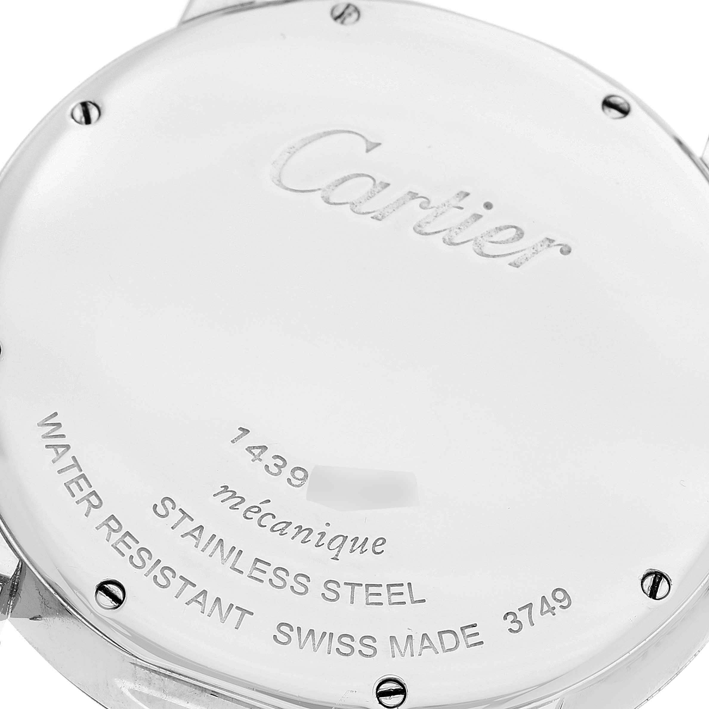 The image shows the back case of a Rotonde model by Cartier, highlighting the brand, material, and specifications.