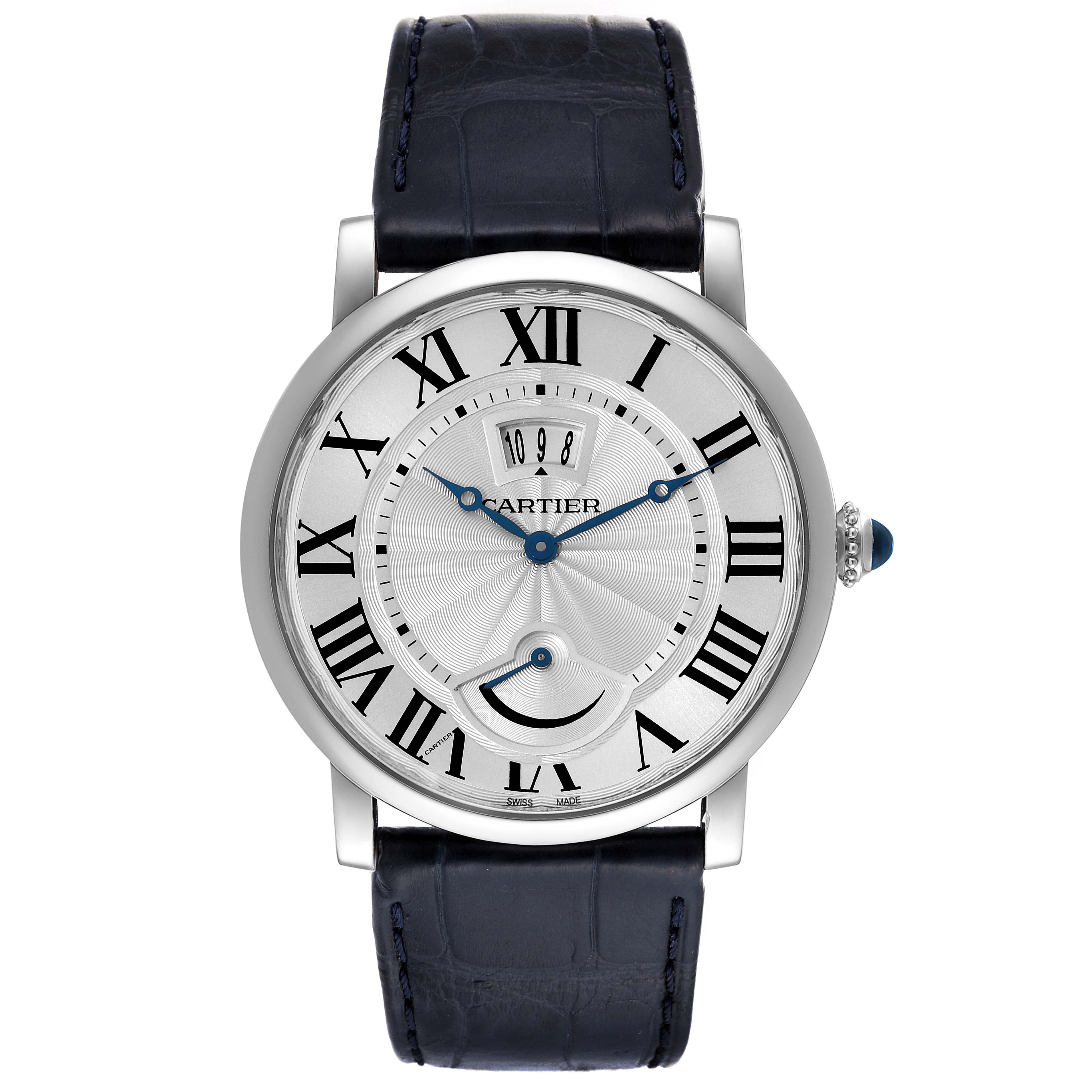 This Rotonde model by Cartier is shown from a front angle, displaying the dial, Roman numerals, blue hands, and leather strap.