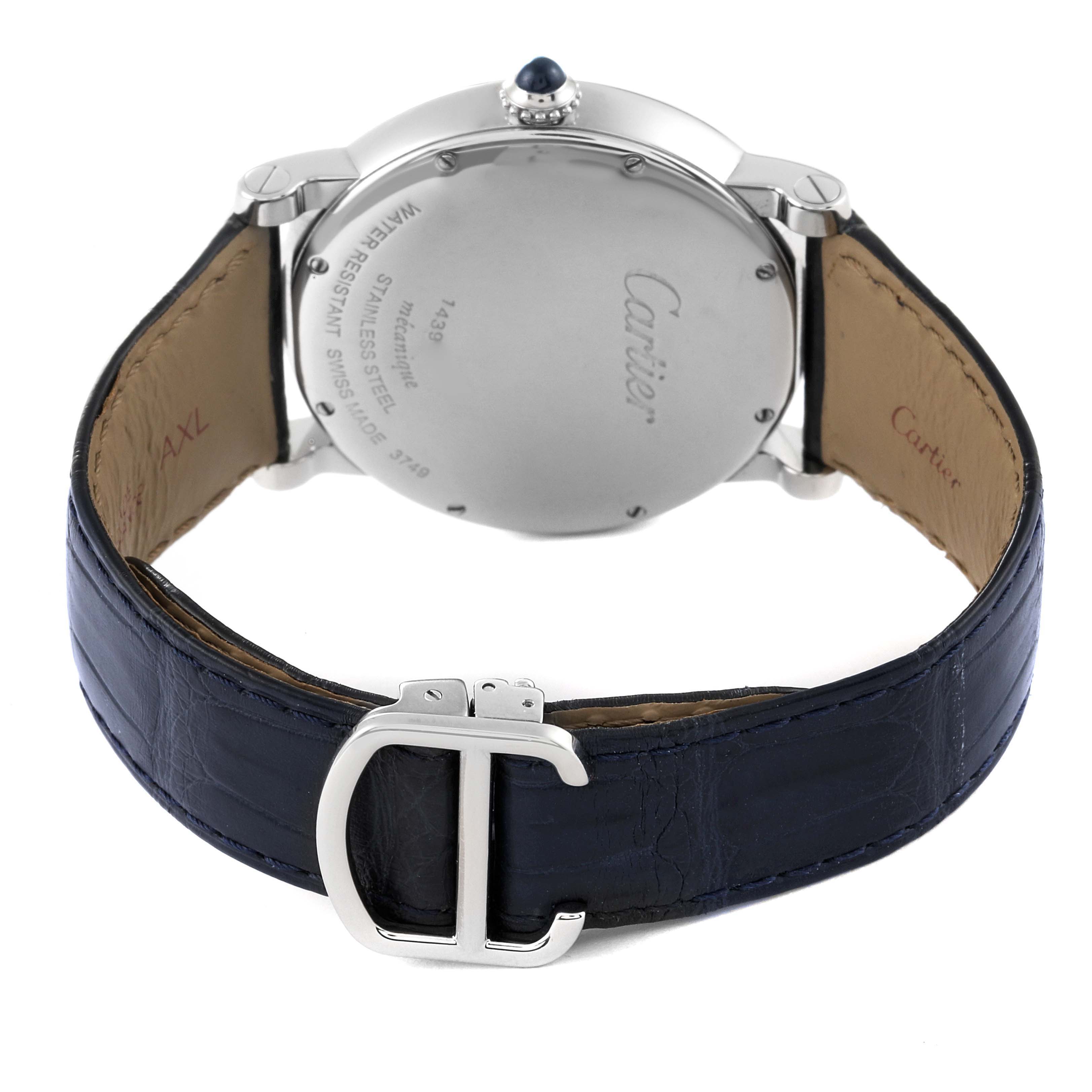 The image shows a rear view of the Cartier Rotonde W1556369 Men's Stainless Steel Silver Dial W1556369 Men's Stainless Steel Silver Dial watch, displaying its case back, leather strap, and clasp.