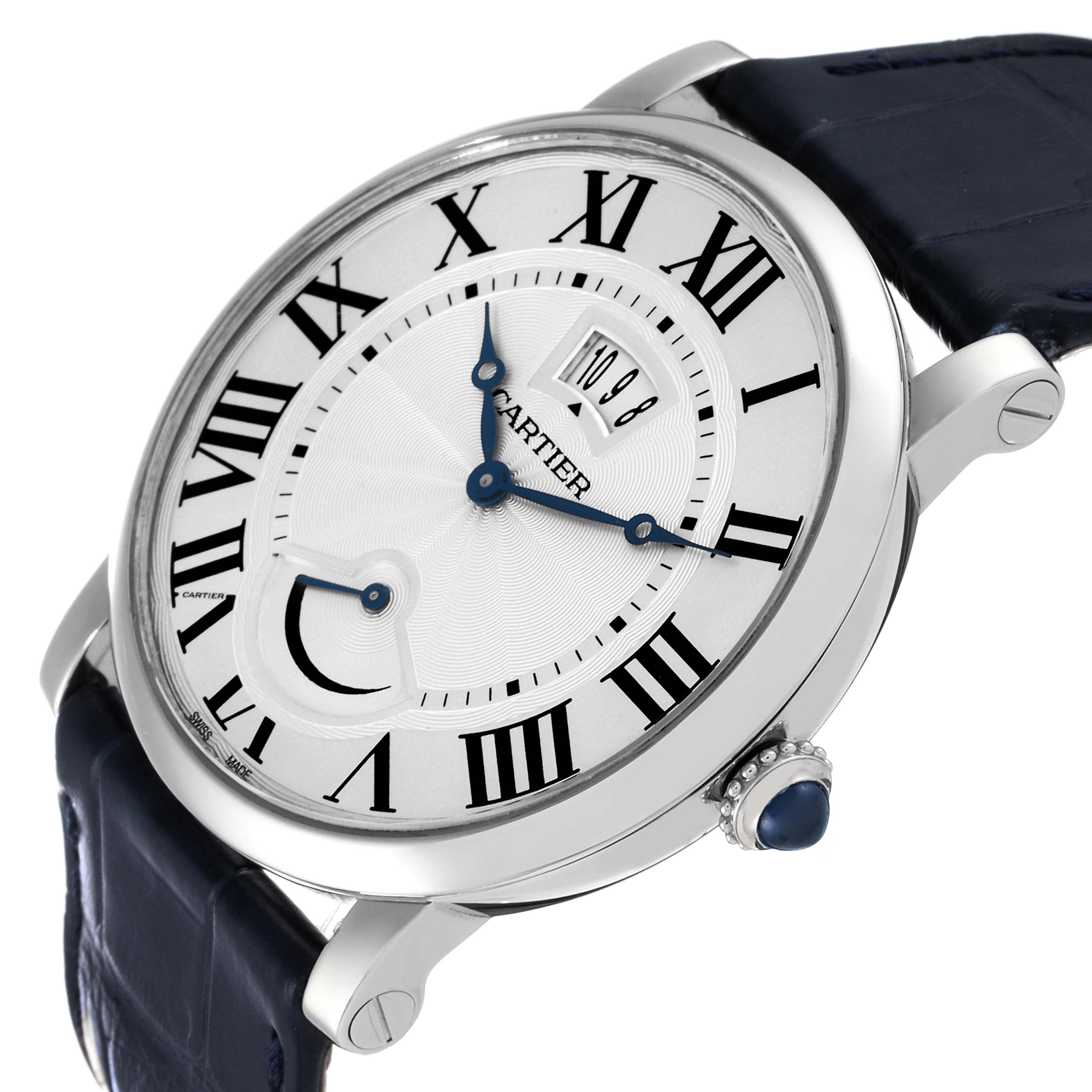 The image shows a close-up view of the Rotonde model by Cartier highlighting its dial, strap, and crown.