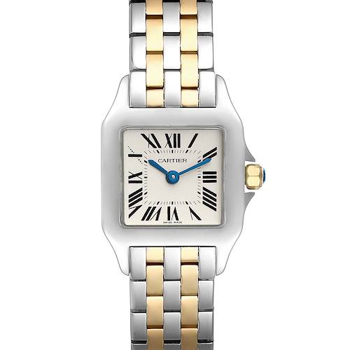 The image shows the front angle of the Cartier Santos Demoiselle W25066Z6 Women's Steel and Gold (two tone) Silver Dial W25066Z6 Women's Steel and Gold (two tone) Silver Dial watch, highlighting the face, bezel, and metal bracelet.