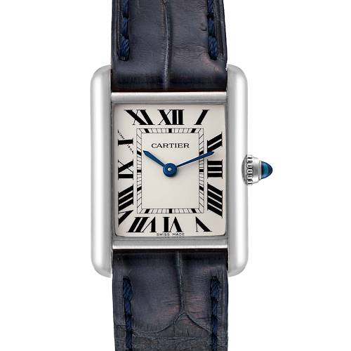 The Cartier Tank Louis W1541056 Women's White Gold Silver Dial W1541056 Women's White Gold Silver Dial model watch is shown from the front, highlighting its rectangular dial, Roman numerals, blue hands, and dark leather strap.