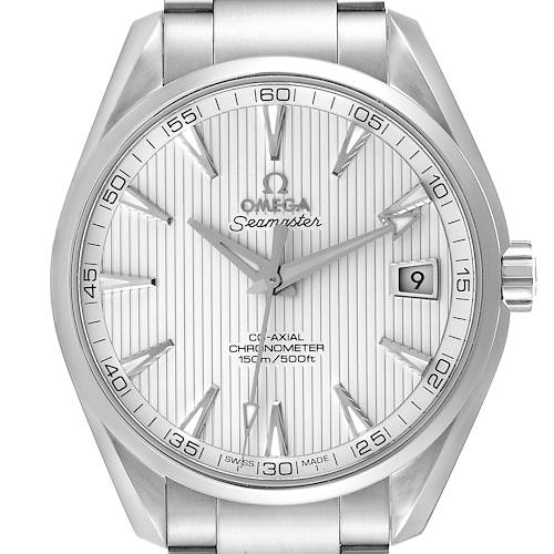 This image shows a top view of the Omega Aqua Terra 231.10.42.21.02.001 Men's Stainless Steel Silver Dial 231.10.42.21.02.001 Men's Stainless Steel Silver Dial watch, highlighting its dial, hands, markers, date window, and bracelet.