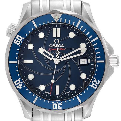 This Omega Seamaster 2226.80.00 Men's Stainless Steel Blue Dial 2226.80.00 Men's Stainless Steel Blue Dial watch is shown from a front angle, highlighting its dial, bezel, hands, and part of the bracelet.