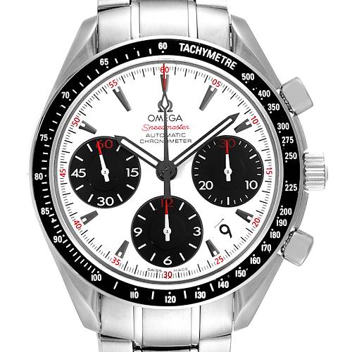 The image shows the front angle of an Omega Speedmaster 323.30.40.40.04.001 Men's Stainless Steel White Dial 323.30.40.40.04.001 Men's Stainless Steel White Dial watch, highlighting its dial, tachymeter bezel, and stainless steel bracelet.