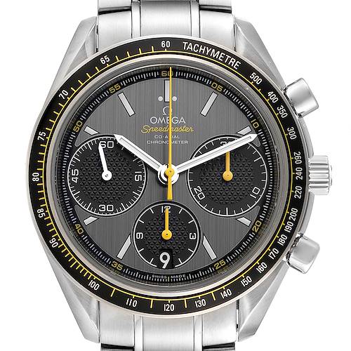 This Omega Speedmaster 326.30.40.50.06.001 Men's Stainless Steel Grey Dial 326.30.40.50.06.001 Men's Stainless Steel Grey Dial watch is shown from a top-down angle, displaying the dial, tachymeter bezel, subdials, and part of the bracelet.