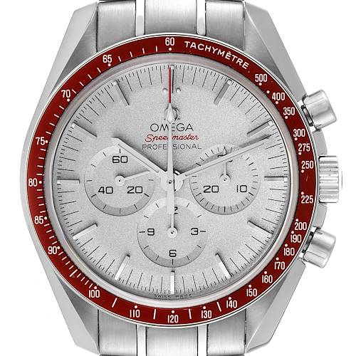 The image shows a frontal view of an Omega Speedmaster 522.30.42.30.06.001 Men's Stainless Steel Silver Dial 522.30.42.30.06.001 Men's Stainless Steel Silver Dial watch, highlighting the dial, tachymeter bezel, and chronograph sub-dials.