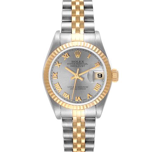 This image shows a front view of a Rolex Datejust 79173 Women's Steel and Gold (two tone) Grey Dial 79173 Women's Steel and Gold (two tone) Grey Dial watch, featuring a two-tone bracelet and a fluted bezel.