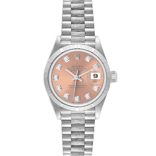 This image shows a Rolex President 79279 Women's White Gold Pink Dial 79279 Women's White Gold Pink Dial model watch from a top-down angle, displaying its face, bezel, dial, and bracelet.