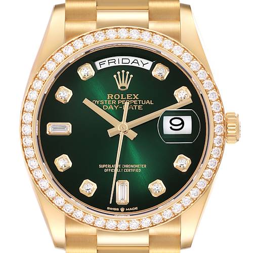 The Rolex President 128348RBR Men's Yellow Gold Green Dial 128348RBR Men's Yellow Gold Green Dial watch is shown from the front, highlighting the green dial, diamond bezel, and day-date display.