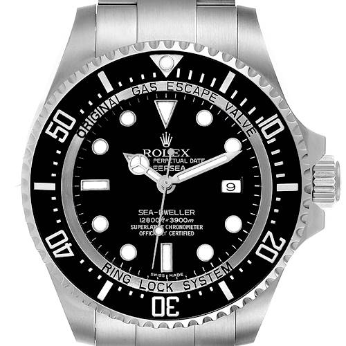 The image shows a front view of the dial and bezel of a Rolex Sea-Dweller 116660 Men's Stainless Steel Black Dial 116660 Men's Stainless Steel Black Dial watch.