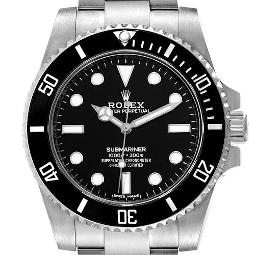The image shows a frontal view of the Rolex Submariner 114060 Men's Stainless Steel Black Dial 114060 Men's Stainless Steel Black Dial watch, highlighting the dial, bezel, and part of the bracelet.