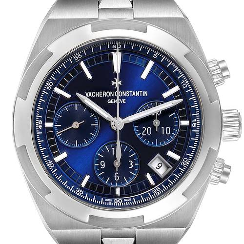 The image shows a close-up, front angle of the Vacheron Constantin Overseas 5500V/110A-B148 Men's Stainless Steel Blue Dial 5500V/110A-B148 Men's Stainless Steel Blue Dial watch, emphasizing its face and side crowns.