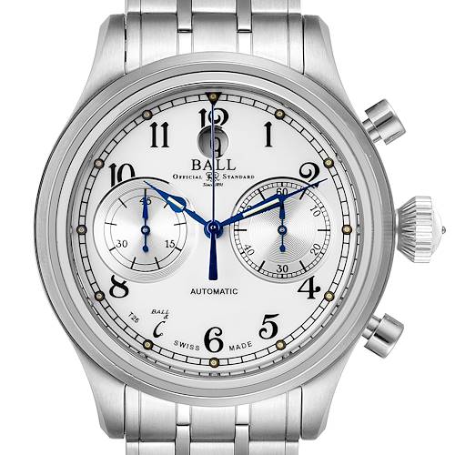 The image shows a front view of the Ball Trainmaster CM1052D-S3J-WH Men's Stainless Steel White Dial CM1052D-S3J-WH Men's Stainless Steel White Dial watch, displaying the dial, sub-dials, hands, and crown.