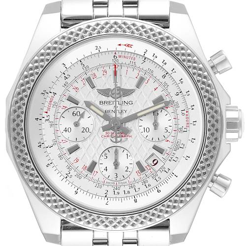 The image shows a front view of the Breitling Bentley AB061221/G810-980A Men's Stainless Steel Silver Dial AB061221/G810-980A Men's Stainless Steel Silver Dial watch, highlighting the dial, bezel, and part of the bracelet.