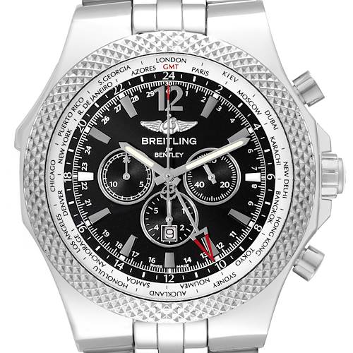 This image shows a frontal view of the Breitling Bentley A47362 Men's Stainless Steel Black Dial A47362 Men's Stainless Steel Black Dial watch, displaying its face, dials, and part of the stainless steel bracelet.