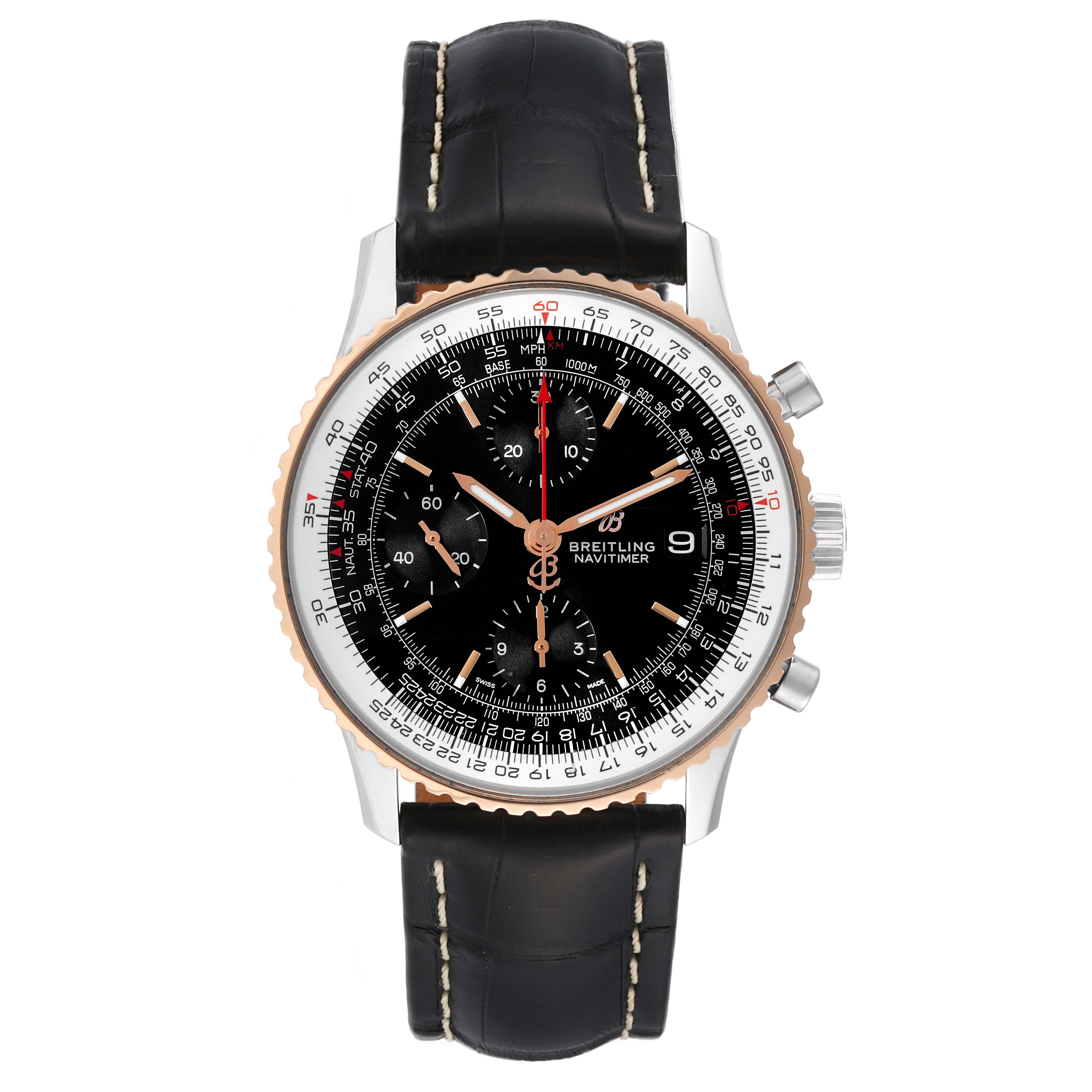 The image shows a frontal view of the Breitling Navitimer U13324 Men's Steel and Gold (two tone) Black Dial U13324 Men's Steel and Gold (two tone) Black Dial watch, displaying the face, bezel, and black leather strap.