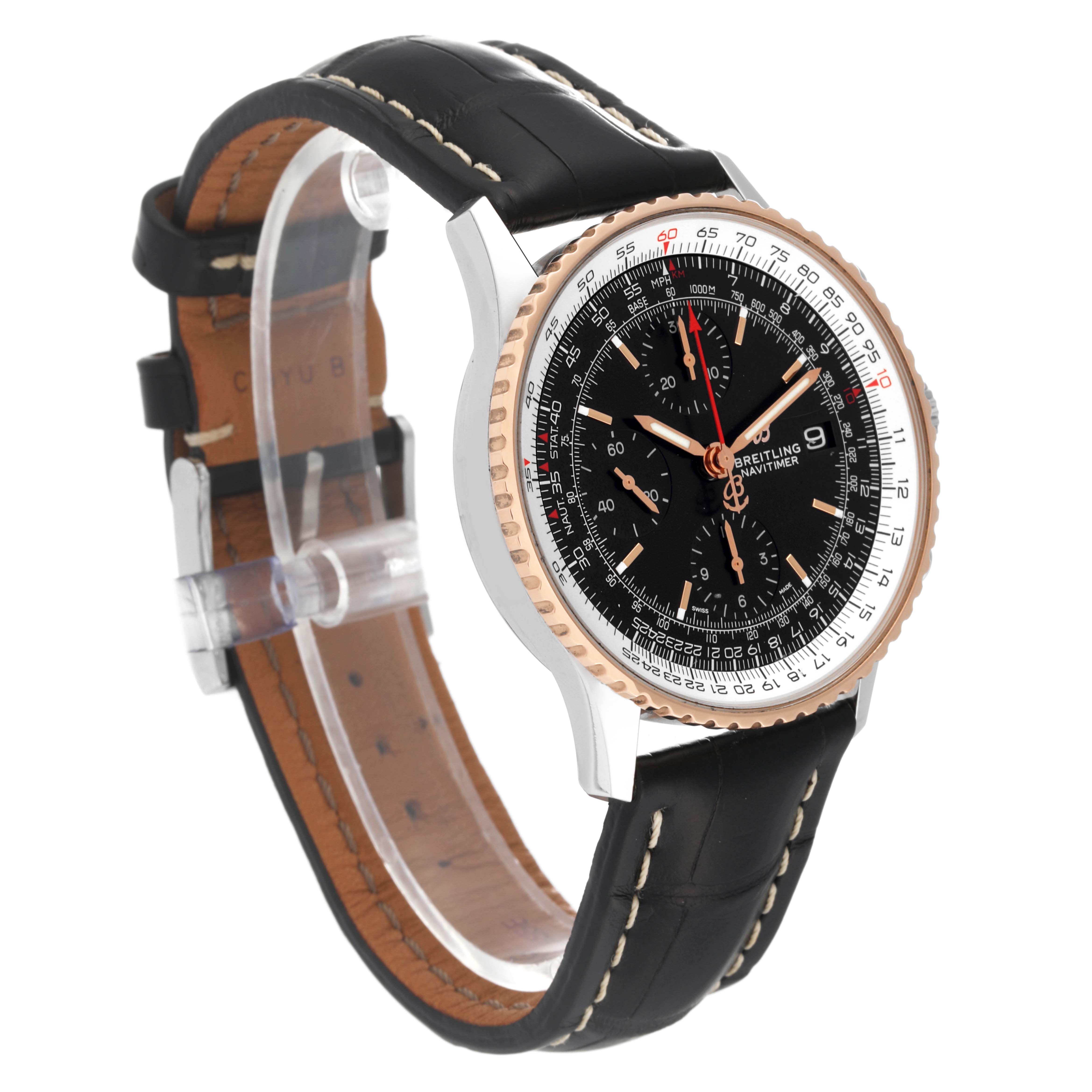 The Breitling Navitimer U13324 Men's Steel and Gold (two tone) Black Dial U13324 Men's Steel and Gold (two tone) Black Dial watch is shown from an angle displaying the face, bezel, and black leather strap with white stitching.