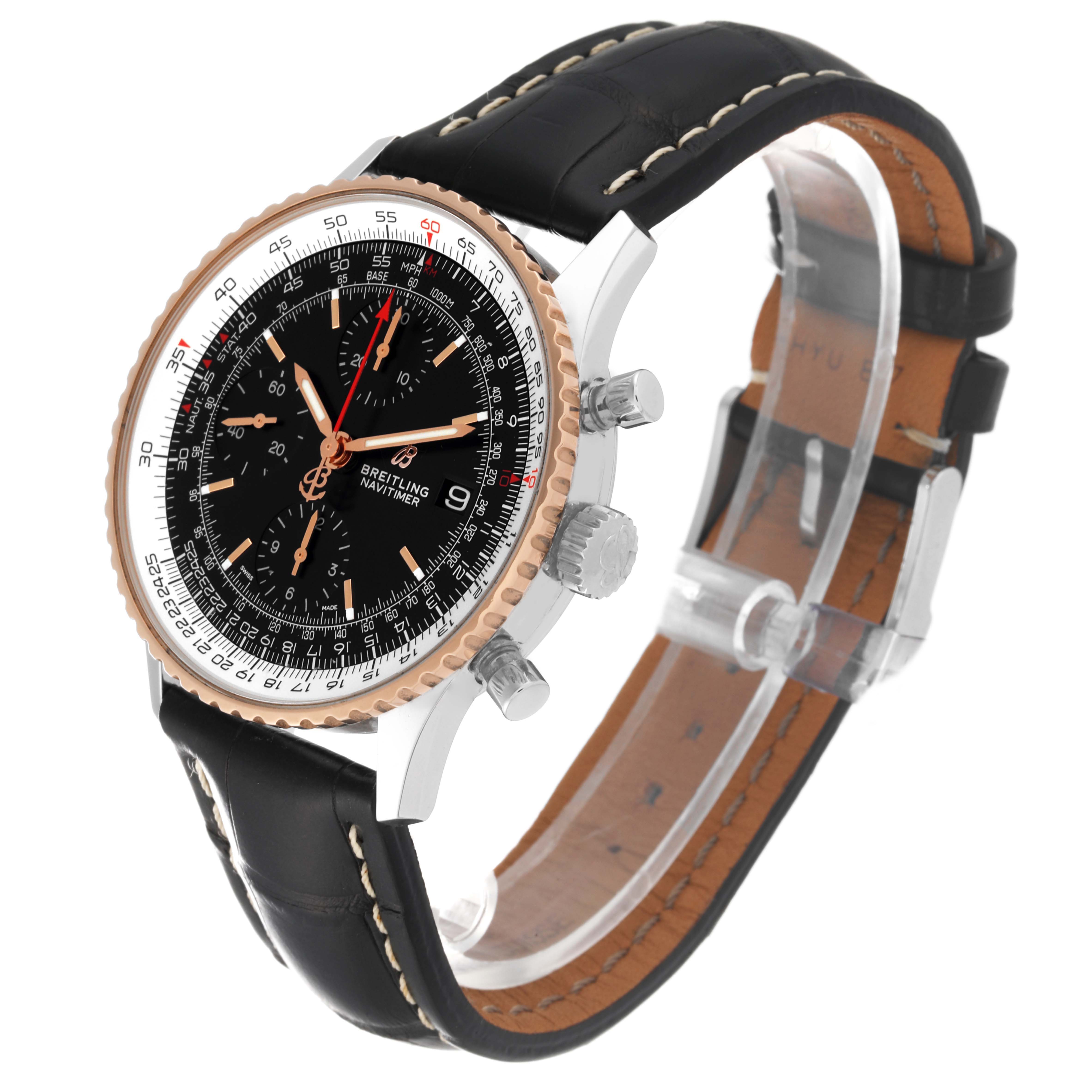 The Breitling Navitimer U13324 Men's Steel and Gold (two tone) Black Dial U13324 Men's Steel and Gold (two tone) Black Dial watch is shown at an angle displaying the dial, bezel, crown, and black leather strap with stitching.