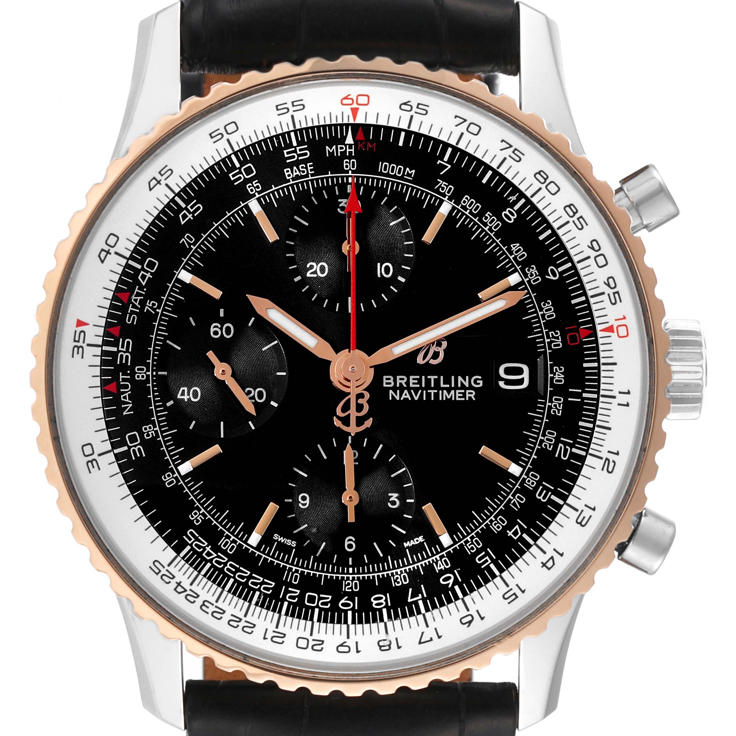 The image shows a front view of the Breitling Navitimer U13324 Men's Steel and Gold (two tone) Black Dial U13324 Men's Steel and Gold (two tone) Black Dial watch, highlighting the dial, bezel, crown, and leather strap.