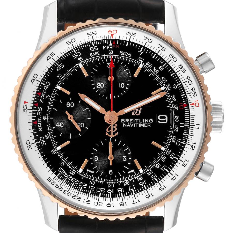 The image shows a front view of the Breitling Navitimer U13324 Men's Steel and Gold (two tone) Black Dial U13324 Men's Steel and Gold (two tone) Black Dial watch, highlighting the dial, bezel, crown, and leather strap.