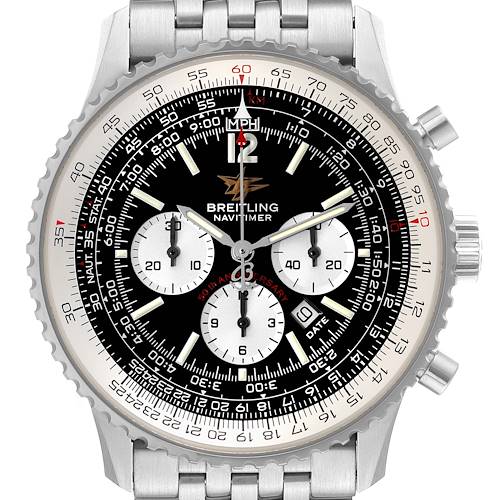 The image shows a frontal view of a Breitling Navitimer A41322 Men's Stainless Steel Black Dial A41322 Men's Stainless Steel Black Dial watch, highlighting its dial, bezel, chronograph subdials, and bracelet.