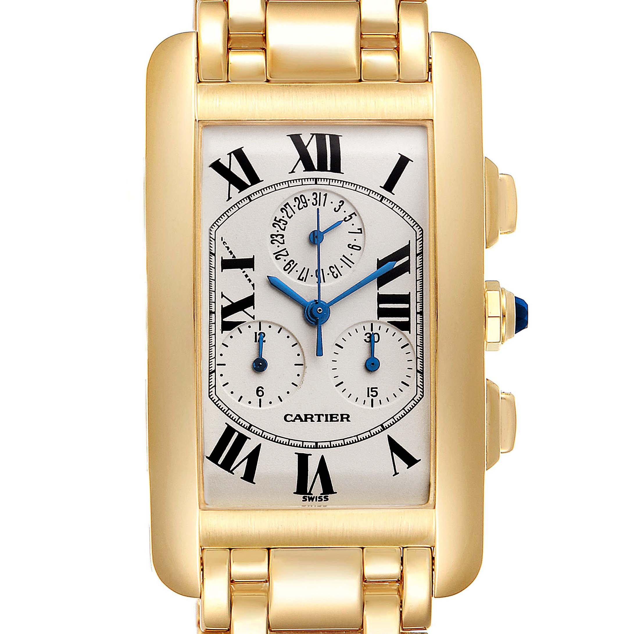 This image shows a frontal view of a Cartier Tank Americaine W2601156 Men's Yellow Gold Silver Dial W2601156 Men's Yellow Gold Silver Dial watch, highlighting its rectangular face, Roman numerals, and gold bracelet.