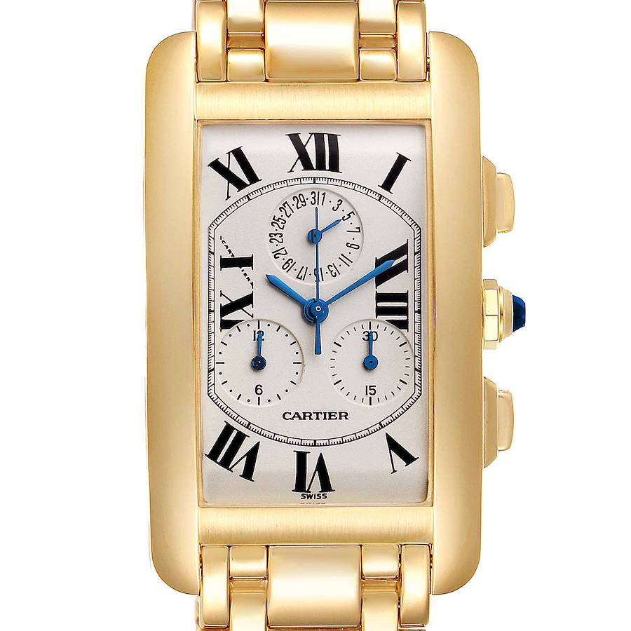 This image shows a frontal view of a Cartier Tank Americaine W2601156 Men's Yellow Gold Silver Dial W2601156 Men's Yellow Gold Silver Dial watch, highlighting its rectangular face, Roman numerals, and gold bracelet.