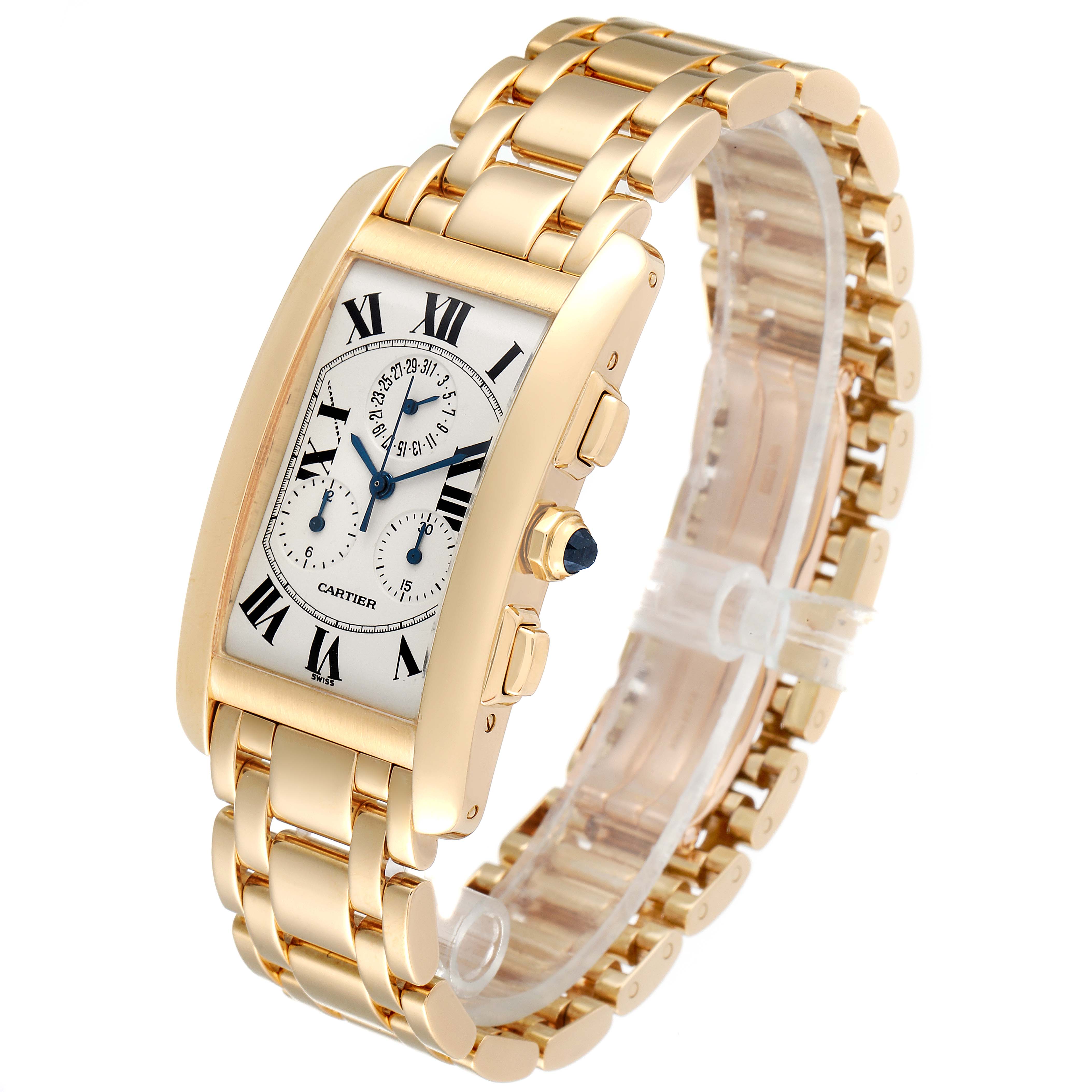 The image shows a Cartier Tank Americaine W2601156 Men's Yellow Gold Silver Dial W2601156 Men's Yellow Gold Silver Dial watch at a three-quarter angle, displaying the face, bracelet, and side controls.