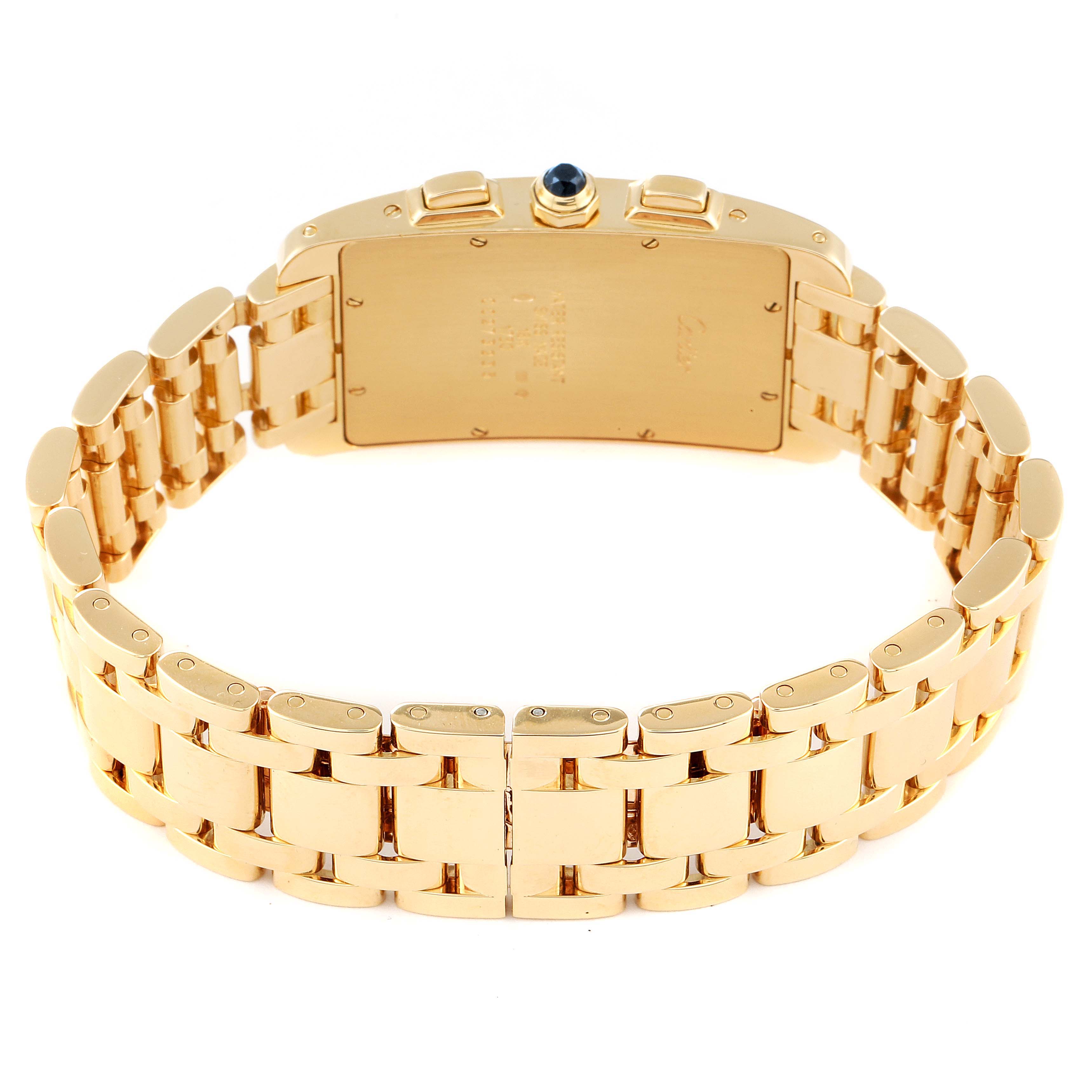 The image shows the back and bracelet of the Cartier Tank Americaine W2601156 Men's Yellow Gold Silver Dial W2601156 Men's Yellow Gold Silver Dial watch, highlighting its gold links and clasp.