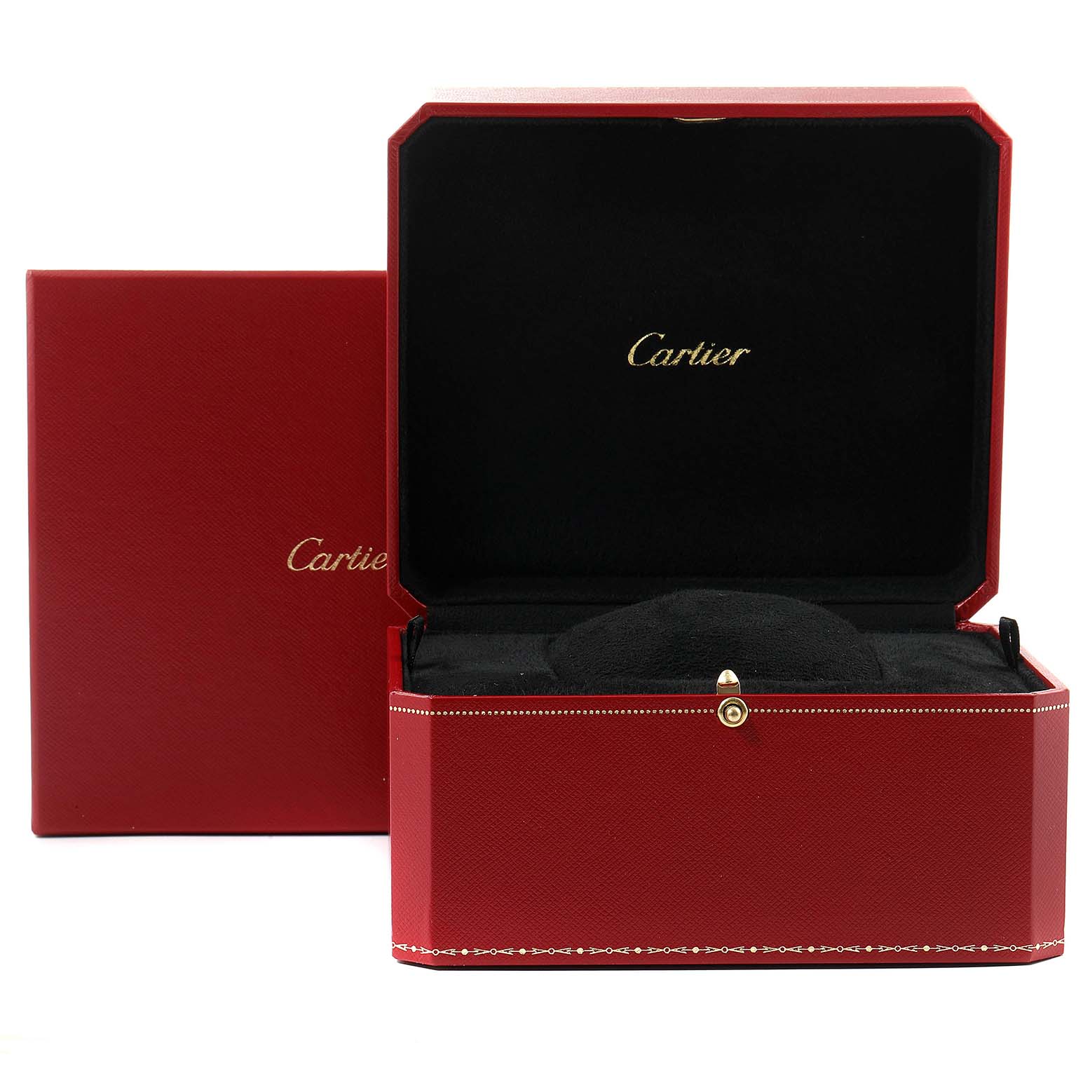 This image shows an open and closed red Cartier box for the Tank Americaine model watch.