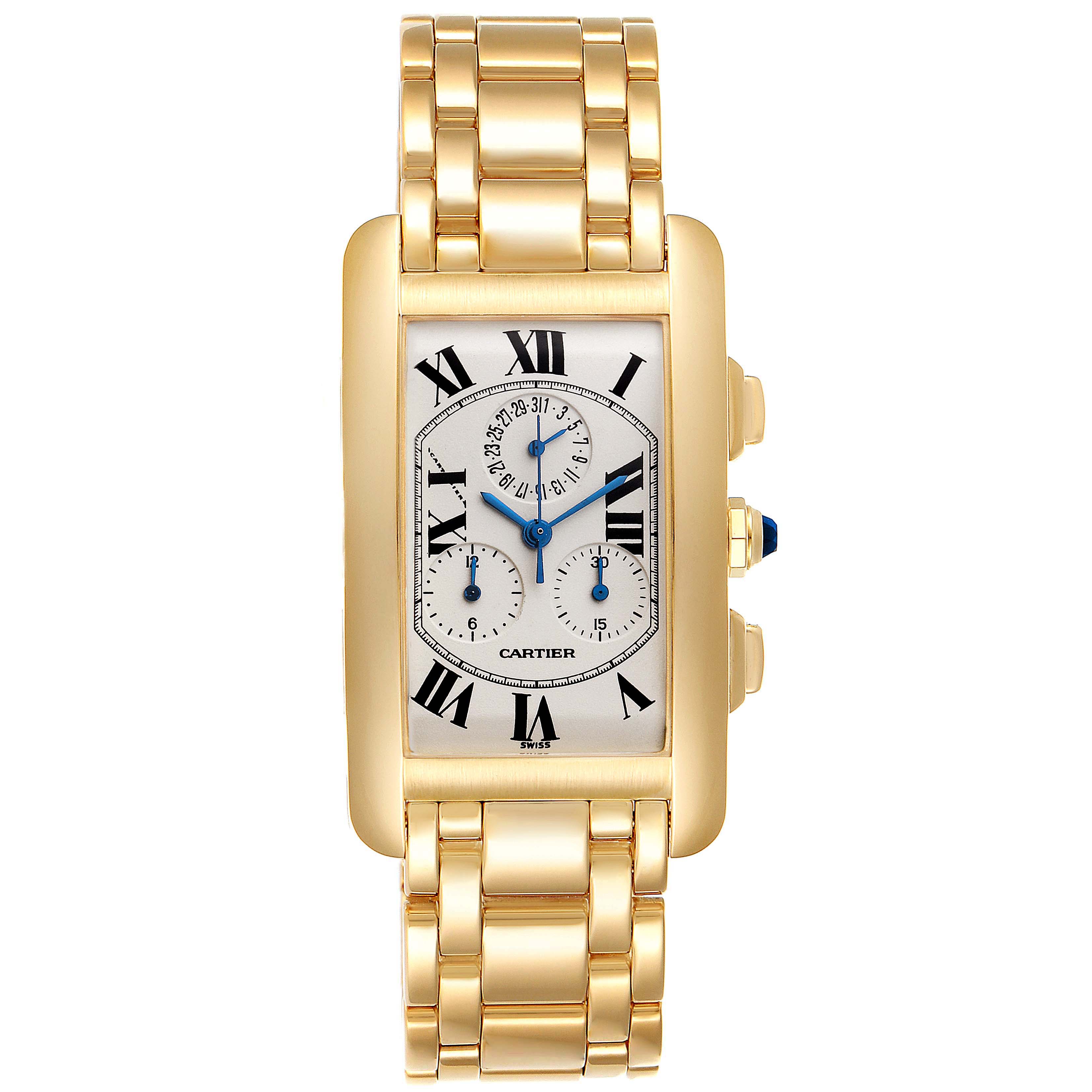 The image shows a frontal view of a Cartier Tank Americaine W2601156 Men's Yellow Gold Silver Dial W2601156 Men's Yellow Gold Silver Dial watch, highlighting its gold case, bracelet, and dial with Roman numerals and subdials.