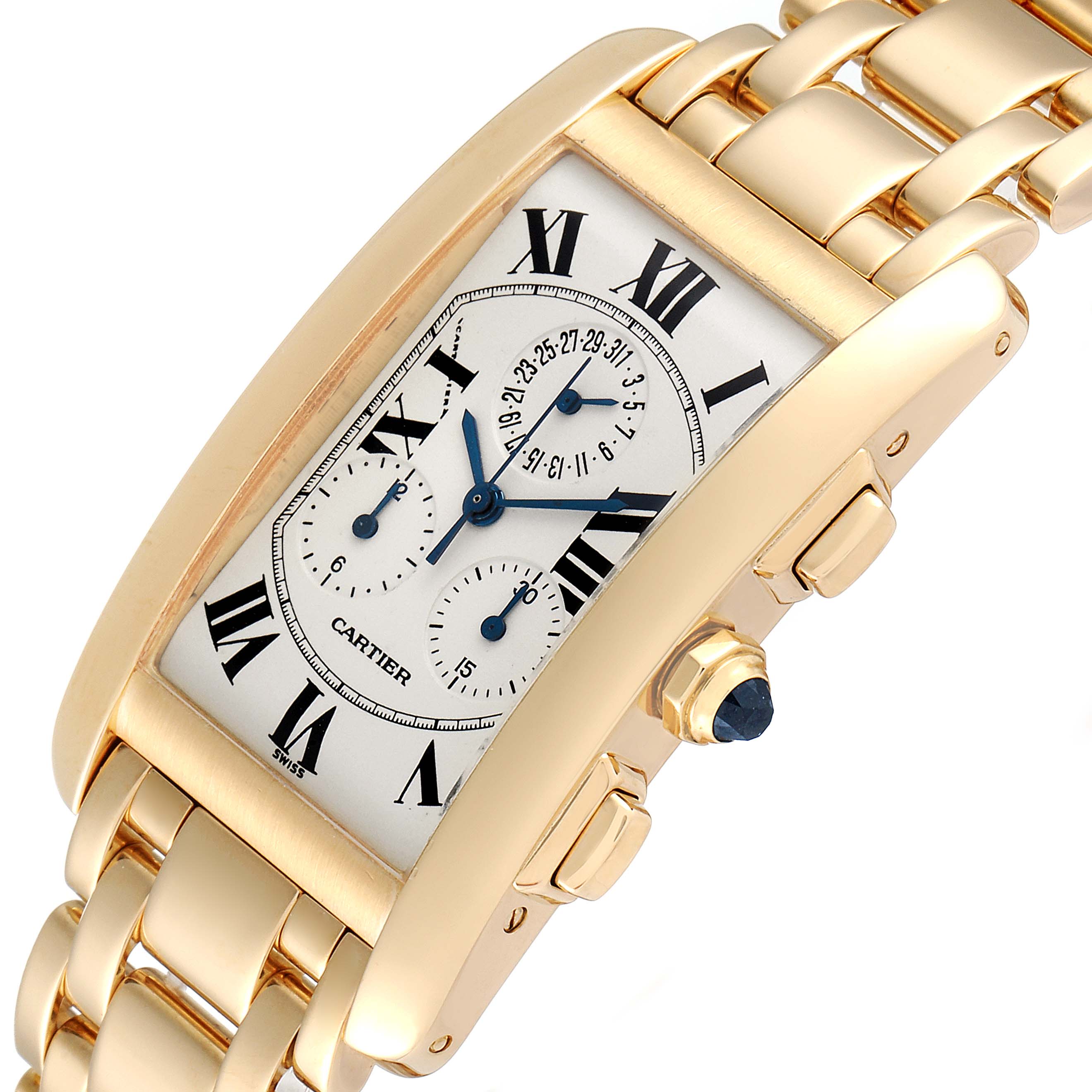 The image shows a close-up angle of a Cartier Tank Americaine W2601156 Men's Yellow Gold Silver Dial W2601156 Men's Yellow Gold Silver Dial watch featuring its rectangular face, Roman numerals, and gold bracelet.