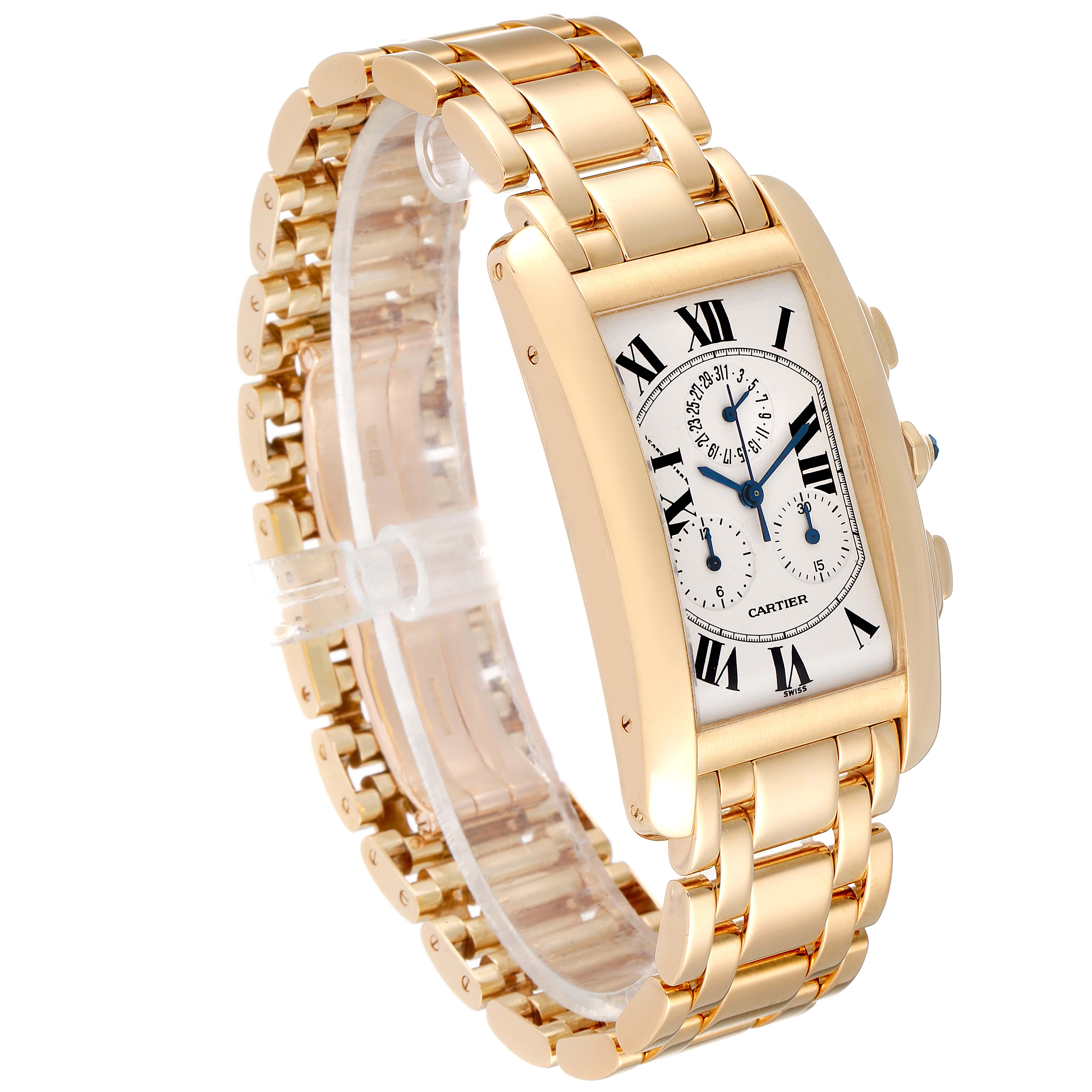 This image shows a Cartier Tank Americaine W2601156 Men's Yellow Gold Silver Dial W2601156 Men's Yellow Gold Silver Dial watch at a slight angle, highlighting the face, bracelet, and side buttons.