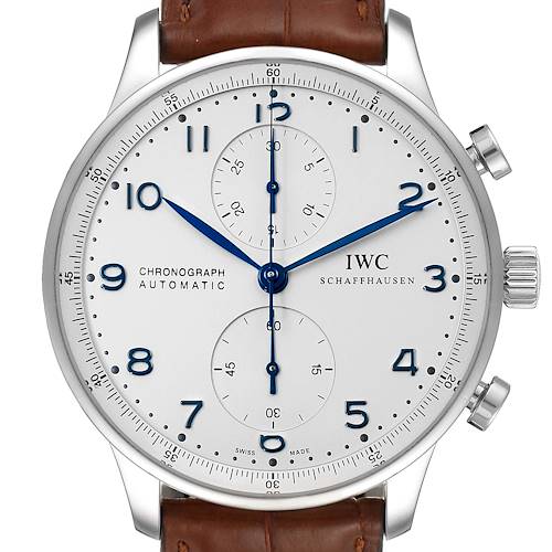 This image shows a frontal view of the IWC Portuguese IW371417 Men's Stainless Steel Silver Dial IW371417 Men's Stainless Steel Silver Dial Chronograph watch, featuring the face, crown, and pushers.