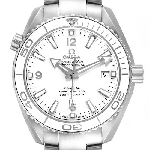 This image shows a front view of the Omega Planet Ocean 232.30.42.21.04.001 Men's Stainless Steel White Dial 232.30.42.21.04.001 Men's Stainless Steel White Dial model, highlighting the bezel, dial, markers, date window, and hands.