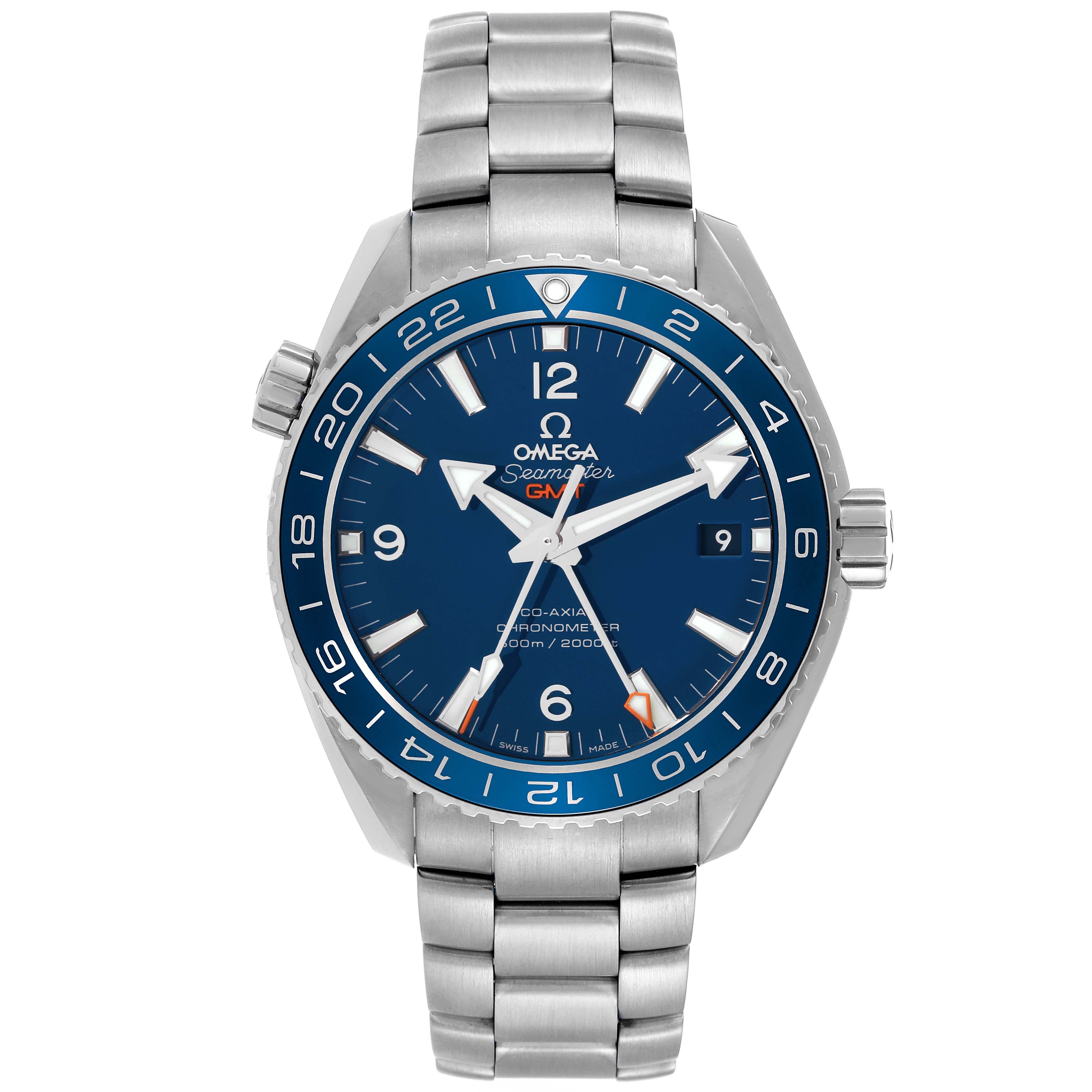 The Omega Planet Ocean 232.90.44.22.03.001 Men's Titanium Blue Dial 232.90.44.22.03.001 Men's Titanium Blue Dial watch is shown from a head-on angle, displaying the face, bezel, crown, and bracelet.