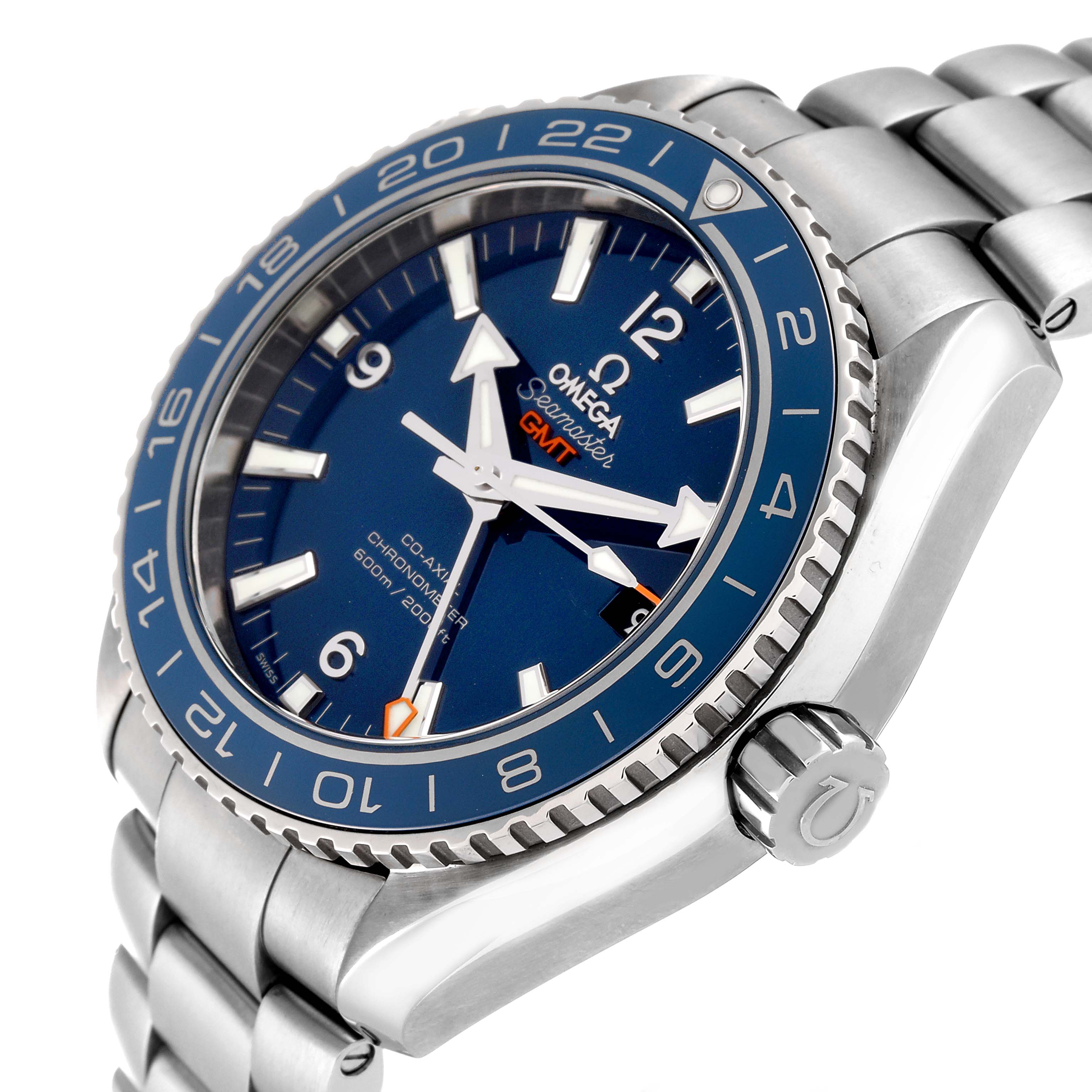 The Omega Planet Ocean 232.90.44.22.03.001 Men's Titanium Blue Dial 232.90.44.22.03.001 Men's Titanium Blue Dial watch is shown at a three-quarter angle, capturing the face, bezel, crown, and part of the bracelet.