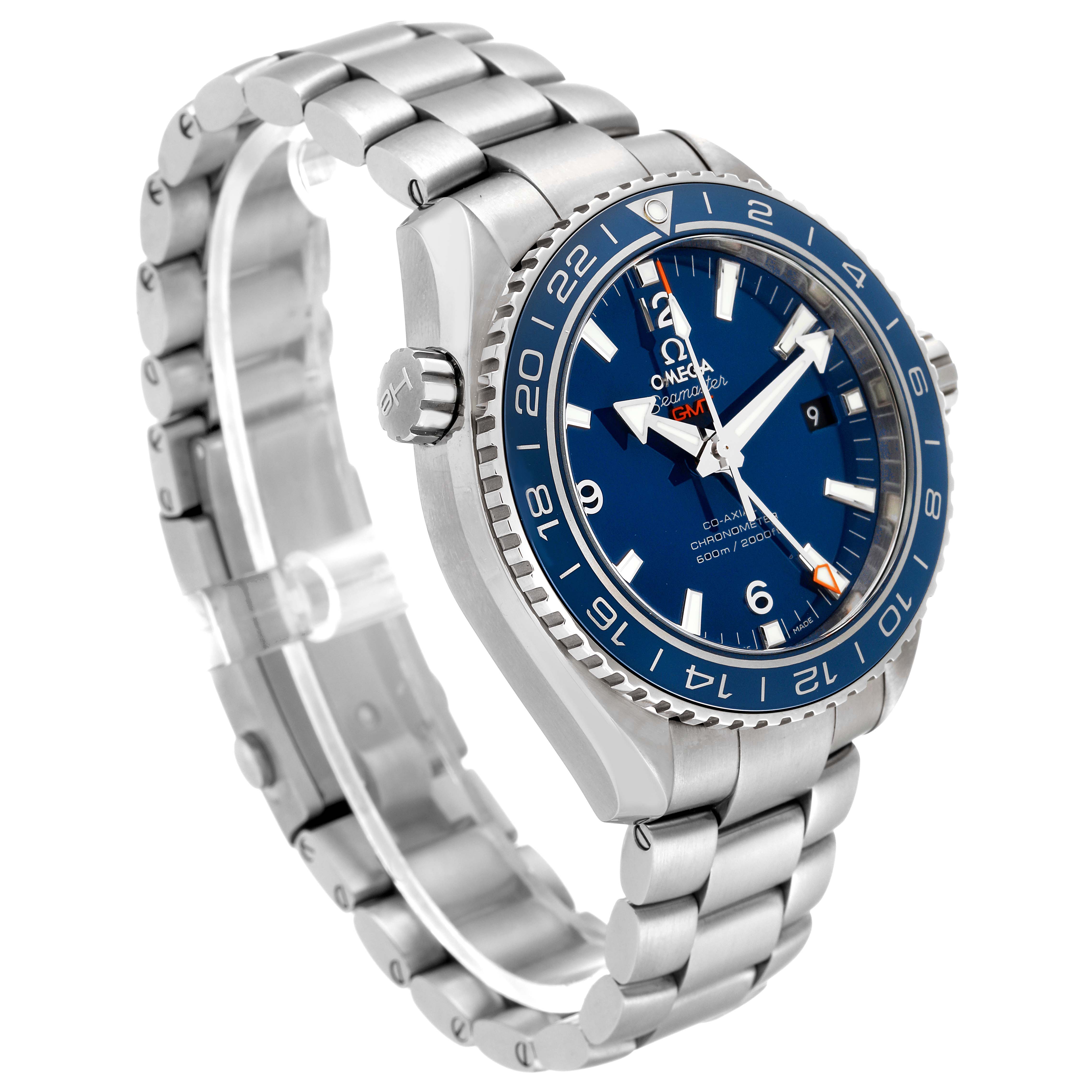 The image shows a three-quarter front view of the Omega Planet Ocean 232.90.44.22.03.001 Men's Titanium Blue Dial 232.90.44.22.03.001 Men's Titanium Blue Dial watch, highlighting the dial, bezel, crown, and bracelet.