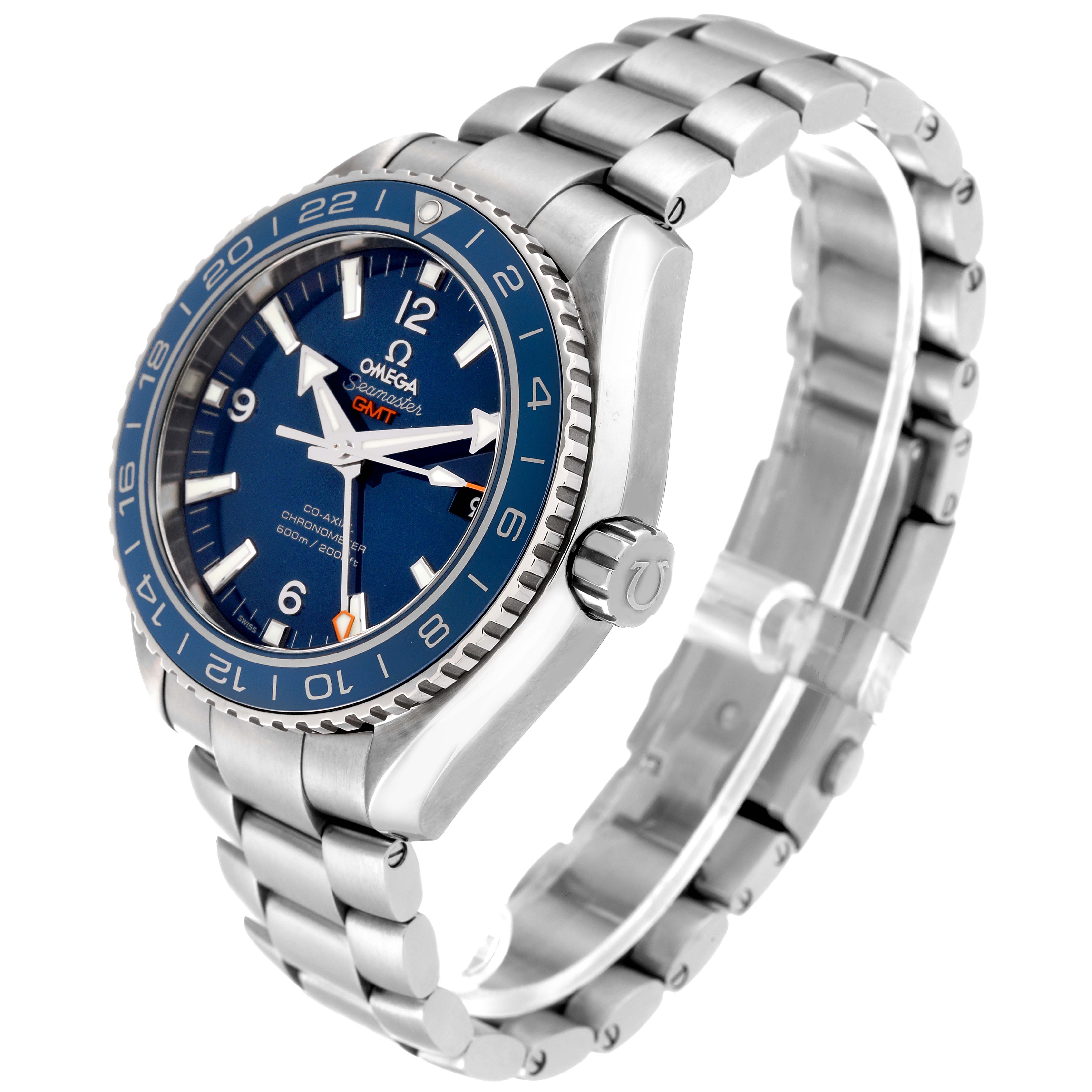 The Omega Planet Ocean 232.90.44.22.03.001 Men's Titanium Blue Dial 232.90.44.22.03.001 Men's Titanium Blue Dial watch is shown at an angle highlighting the face, bezel, crown, and bracelet in stainless steel.