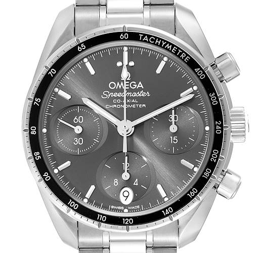The image shows a front view of the Omega Speedmaster 324.30.38.50.06.001 Men's Stainless Steel Grey Dial 324.30.38.50.06.001 Men's Stainless Steel Grey Dial watch, featuring its dial, bezel, chronograph subdials, and stainless steel bracelet.