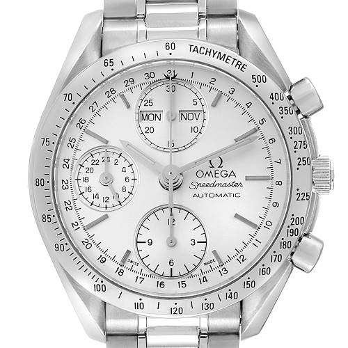 This image shows a front view of an Omega Speedmaster 3521.30.00 Men's Stainless Steel Silver Dial 3521.30.00 Men's Stainless Steel Silver Dial watch highlighting its dial, sub-dials, tachymeter bezel, and bracelet.
