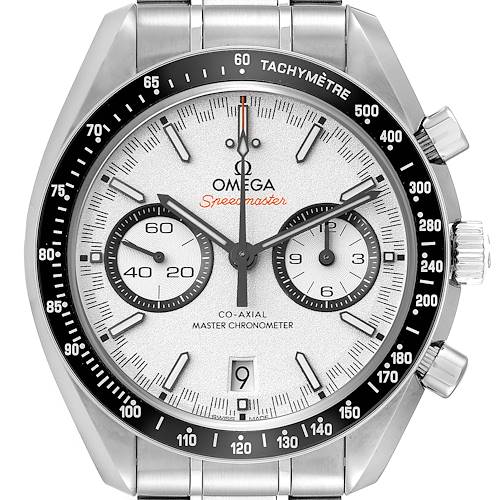 The image shows a front view of the Omega Speedmaster 329.30.44.51.04.001 Men's Stainless Steel Silver Dial 329.30.44.51.04.001 Men's Stainless Steel Silver Dial watch, highlighting the dial, subdials, bezel, and crown.
