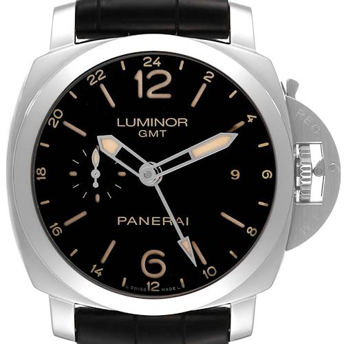 The image shows a frontal view of the Panerai Luminor PAM00531 Men's Stainless Steel Black Dial PAM00531 Men's Stainless Steel Black Dial GMT watch featuring its dial, crown guard, and leather strap.
