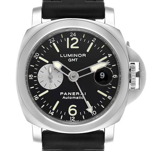 The image shows a front view of a Panerai Luminor PAM00088 Men's Stainless Steel Black Dial PAM00088 Men's Stainless Steel Black Dial GMT watch, highlighting its dial, hands, and crown guard.