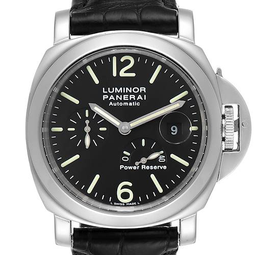 The image shows a front view of a Panerai Luminor PAM00090 Men's Stainless Steel Black Dial PAM00090 Men's Stainless Steel Black Dial model watch, featuring the dial, crown guard, and strap.