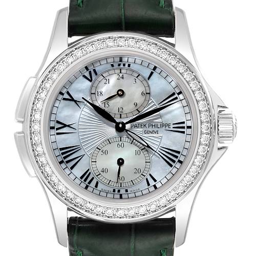 This image shows a front view of the Patek Philippe Calatrava 4934G Women's White Gold Mother of Pearl Dial 4934G Women's White Gold Mother of Pearl Dial watch, featuring a detailed dial and a diamond-studded bezel.