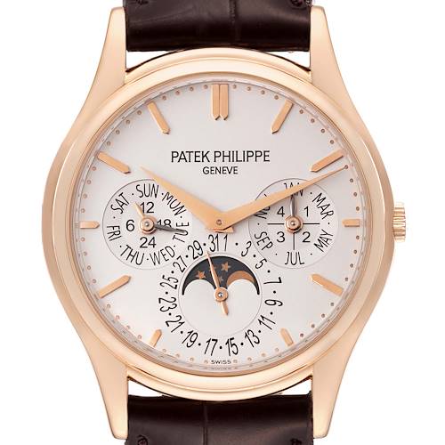 The image shows a frontal view of a Patek Philippe Complications 5140R-001 Men's Rose Gold Silver Dial 5140R-001 Men's Rose Gold Silver Dial model watch, displaying its dial and leather strap.